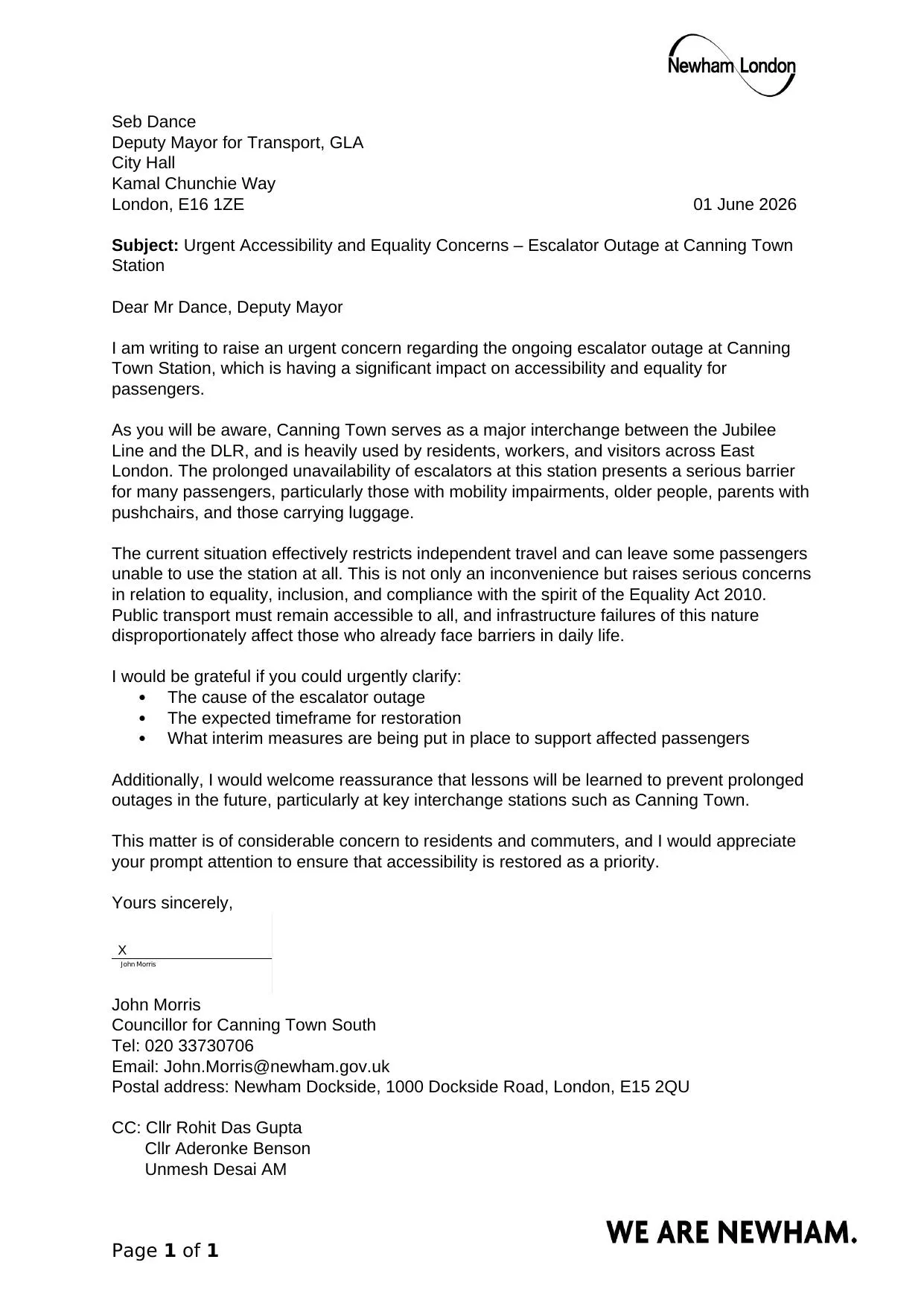 Letter from Cllr John Morris to Seb Dance, Deputy Mayor for Transport, raising urgent accessibility and equality concerns over the escalator outage at Canning Town station