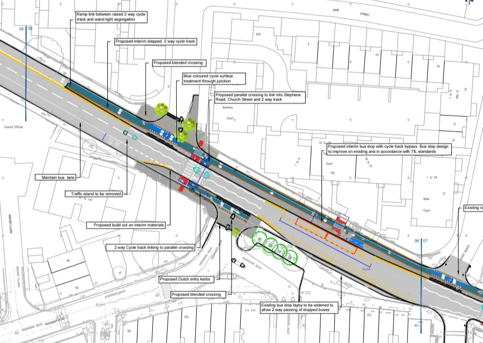 Proposed cycle track and junction design showing ramp links, blended crossings and bus stop bypass