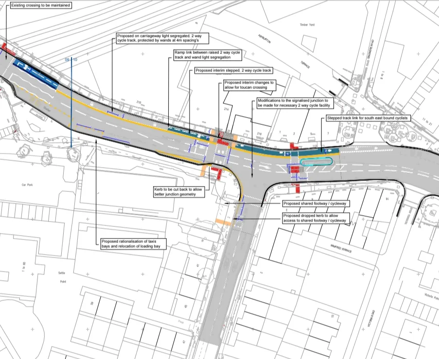 Proposed cycle track design showing on-carriageway light segregation, interim stepped track and signalised junction modifications
