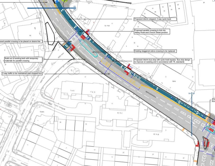 Proposed cycle track design along New Plaistow Road showing interim stepped track and bus stop bypass