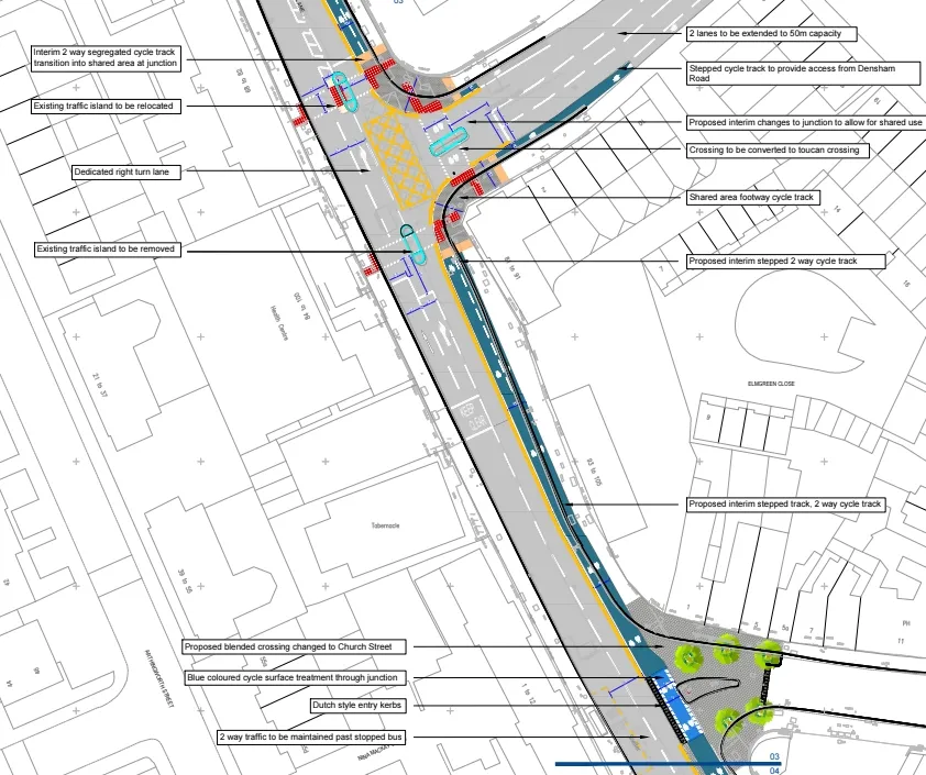 Proposed junction design showing shared area footway cycle track and interim stepped two-way cycle track