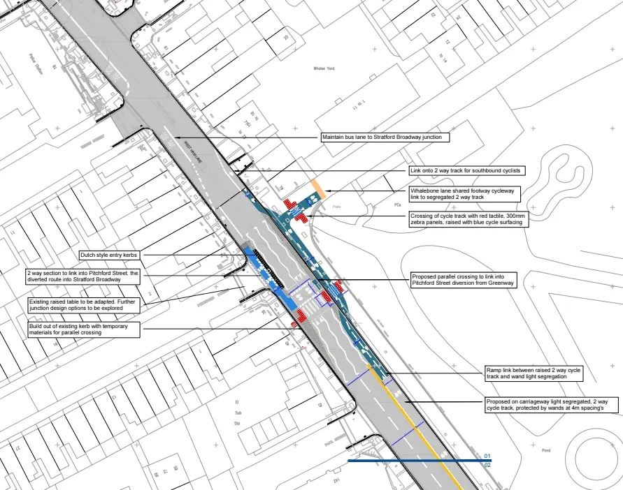 Proposed cycle track design showing link to Pitchford Street diversion from the Greenway and on-carriageway light segregation
