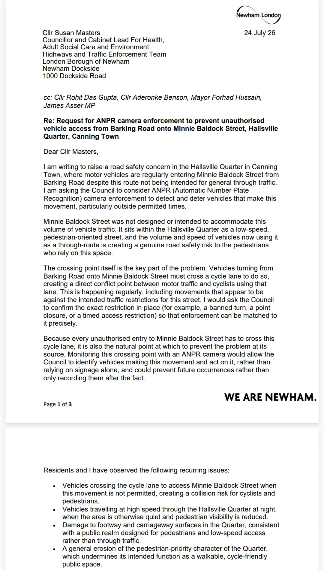 Page 1 of the letter to Cllr Susan Masters requesting ANPR camera enforcement to prevent unauthorised vehicle access from Barking Road onto Minnie Baldock Street