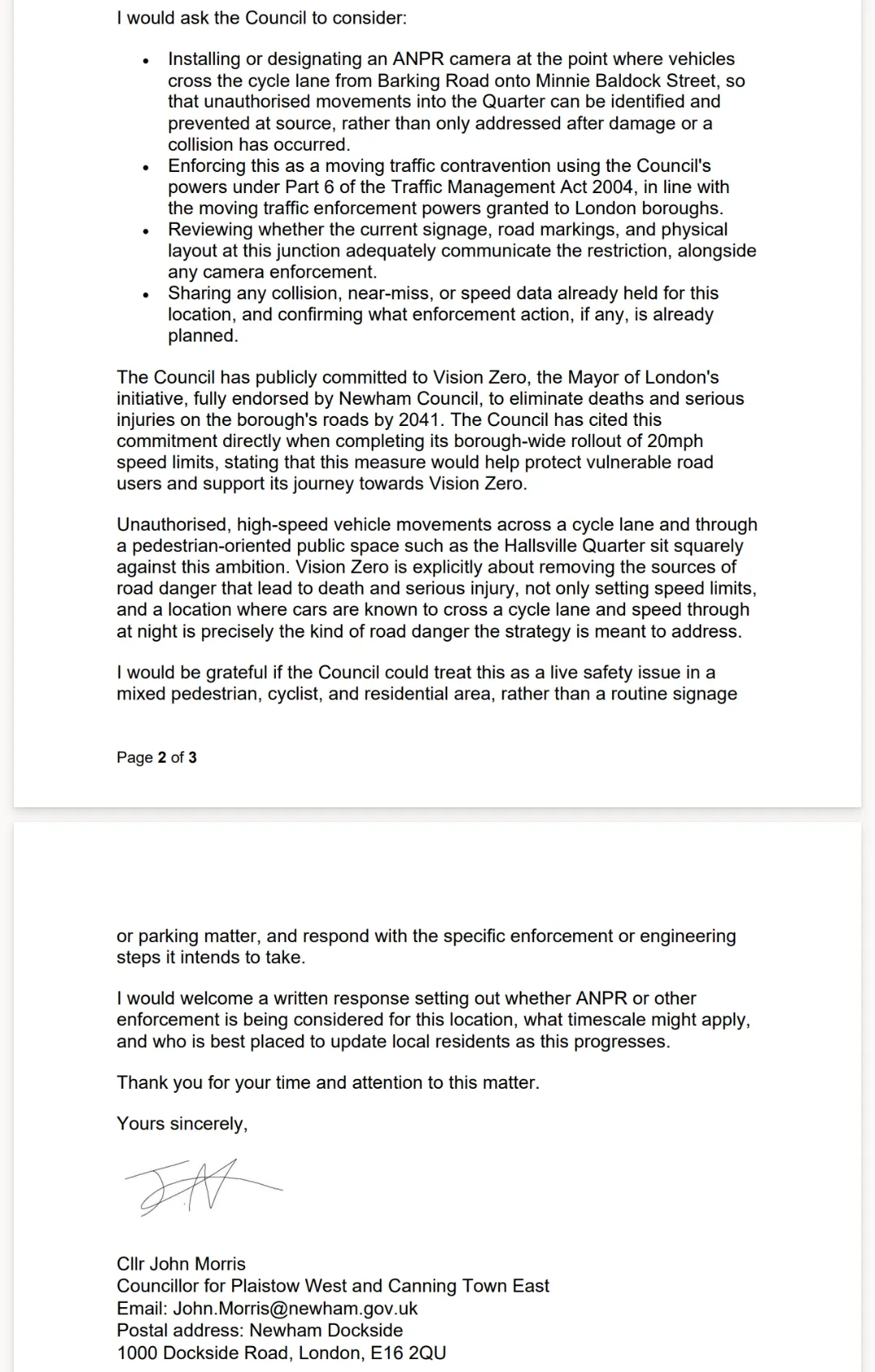 Page 2 of the letter, setting out the request for ANPR enforcement, a review of signage, and a written response on timescale