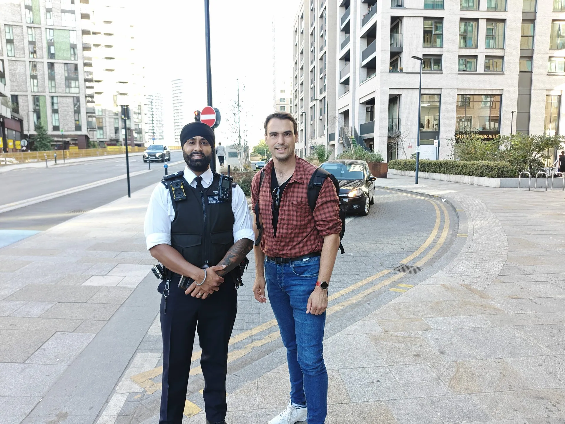 Councillor John Morris with a Metropolitan Police officer on patrol near Silvertown Way in Canning Town