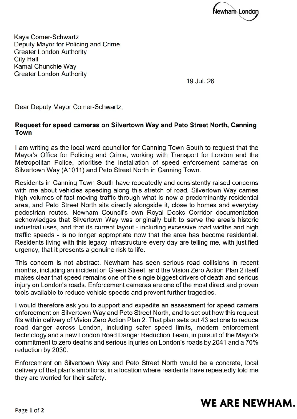 Page 1 of the letter to Deputy Mayor Kaya Comer-Schwartz requesting speed cameras on Silvertown Way and Peto Street North