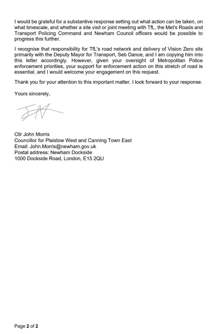 Page 2 of the letter, asking for a substantive response on timescale and proposing a joint site visit with TfL, the Met and Newham Council