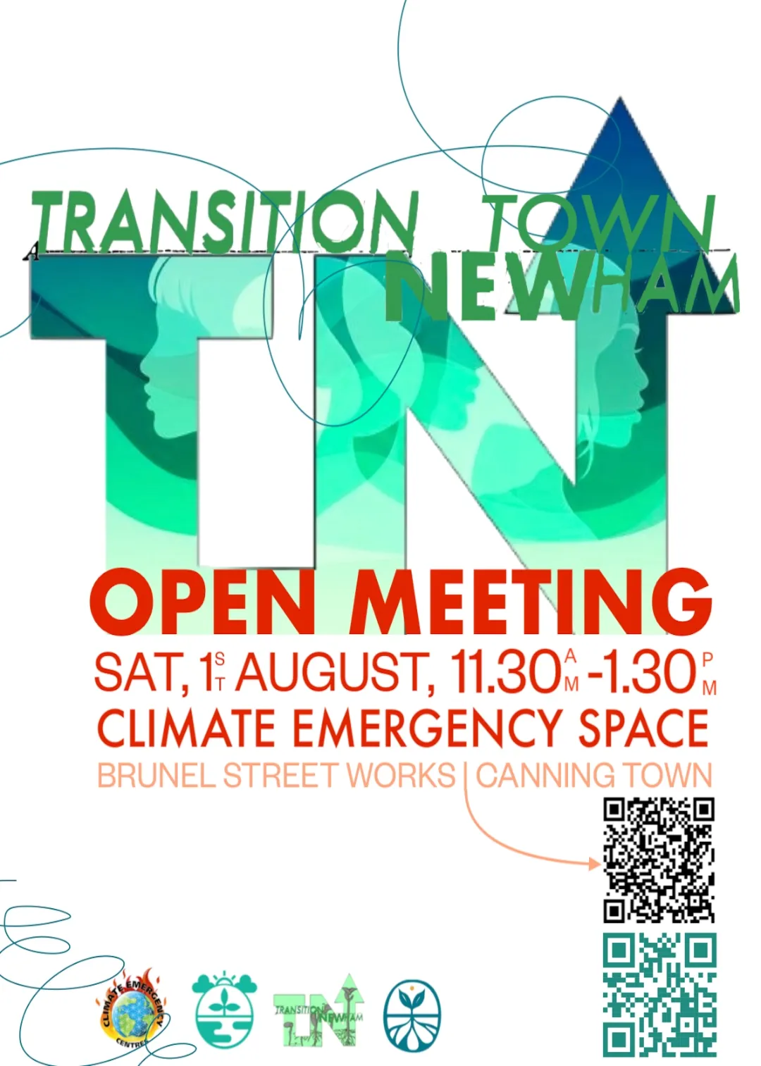 Poster for the Transition Town Newham open meeting on 1 August at the Climate Emergency Space, Brunel Street Works
