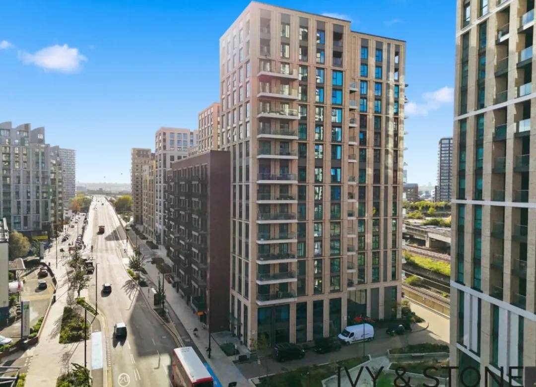 Aerial view of new residential towers and retail units along Silvertown Way in Canning Town