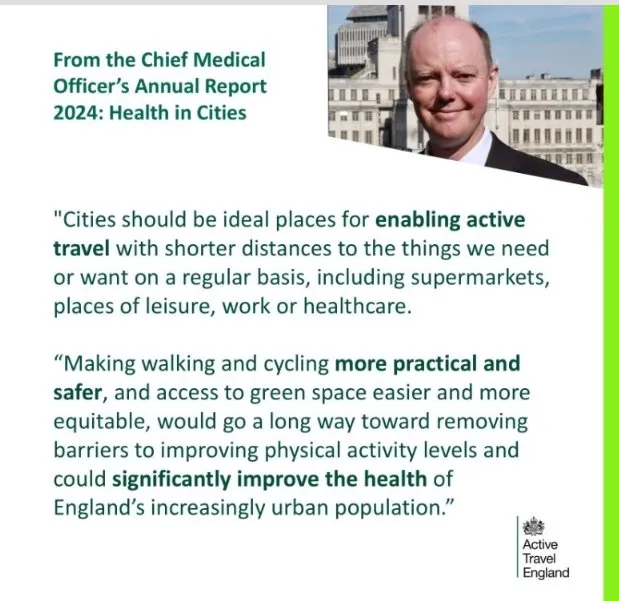 Quote card from the Chief Medical Officer’s Annual Report 2024: Health in Cities, featuring Chris Whitty, on cities enabling active travel with shorter distances to essential services, and on making walking and cycling more practical and safer to significantly improve the health of England’s urban population